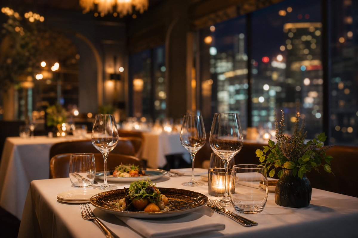 Upscale restaurant interior in Denver with warm lighting and elegant table settings
