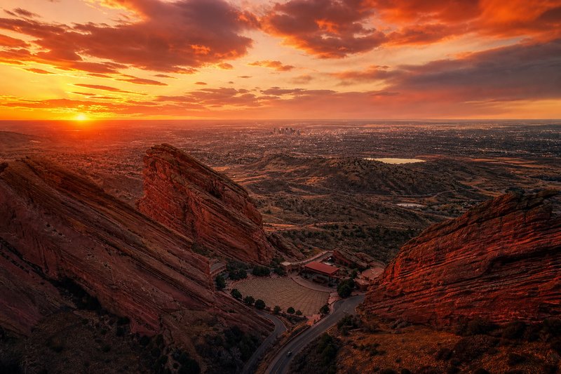 Red Rocks Amphitheatre aerial sunset view