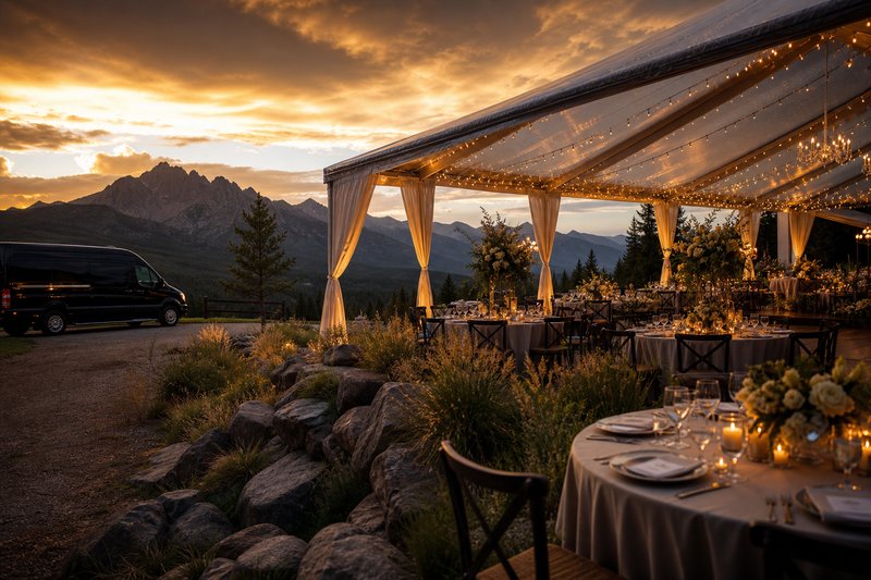 Colorado mountain wedding reception with Sprinter van