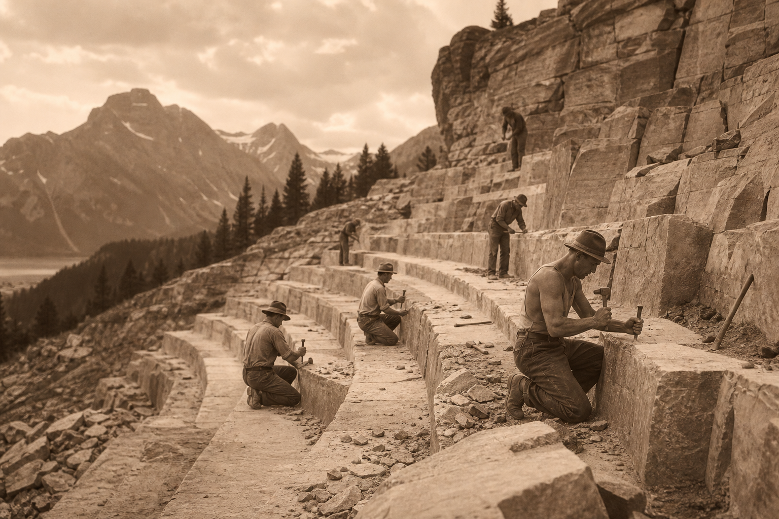 Sepia-toned historical image of Civilian Conservation Corps workers hand-carving stone amphitheater seating into a mountainside during the 1930s