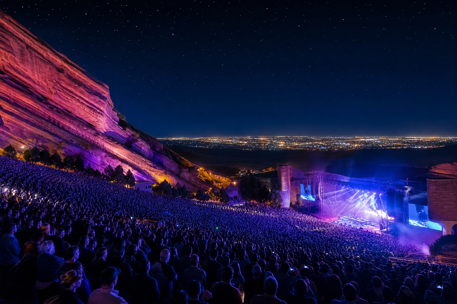 Red Rocks Amphitheatre packed with fans during a modern sold-out concert at night — purple and blue stage lighting, stars above, Denver city lights in the distance
